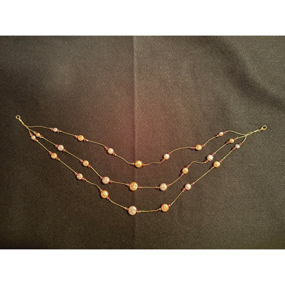 Vintage Triple Strand Iridescent‎ Coin Pearl Layered Necklace Gold Tone Beaded